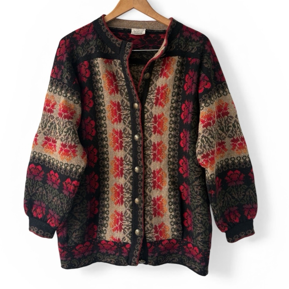 Vintage Buttercup Knitwear England Floral Cardigan Cottagecore Sweater
